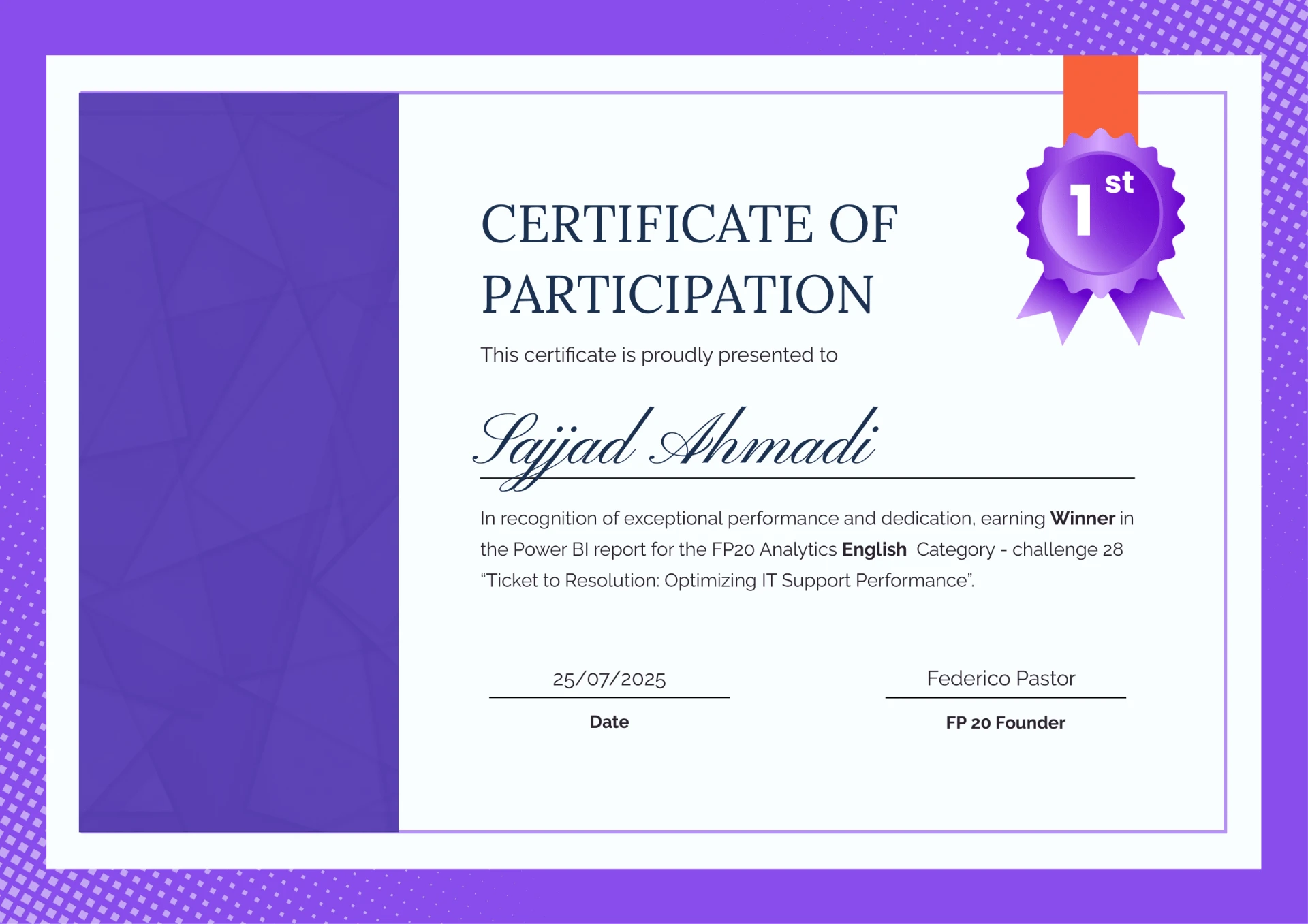 First-place certificate for the FP20Analytics IT Support challenge
