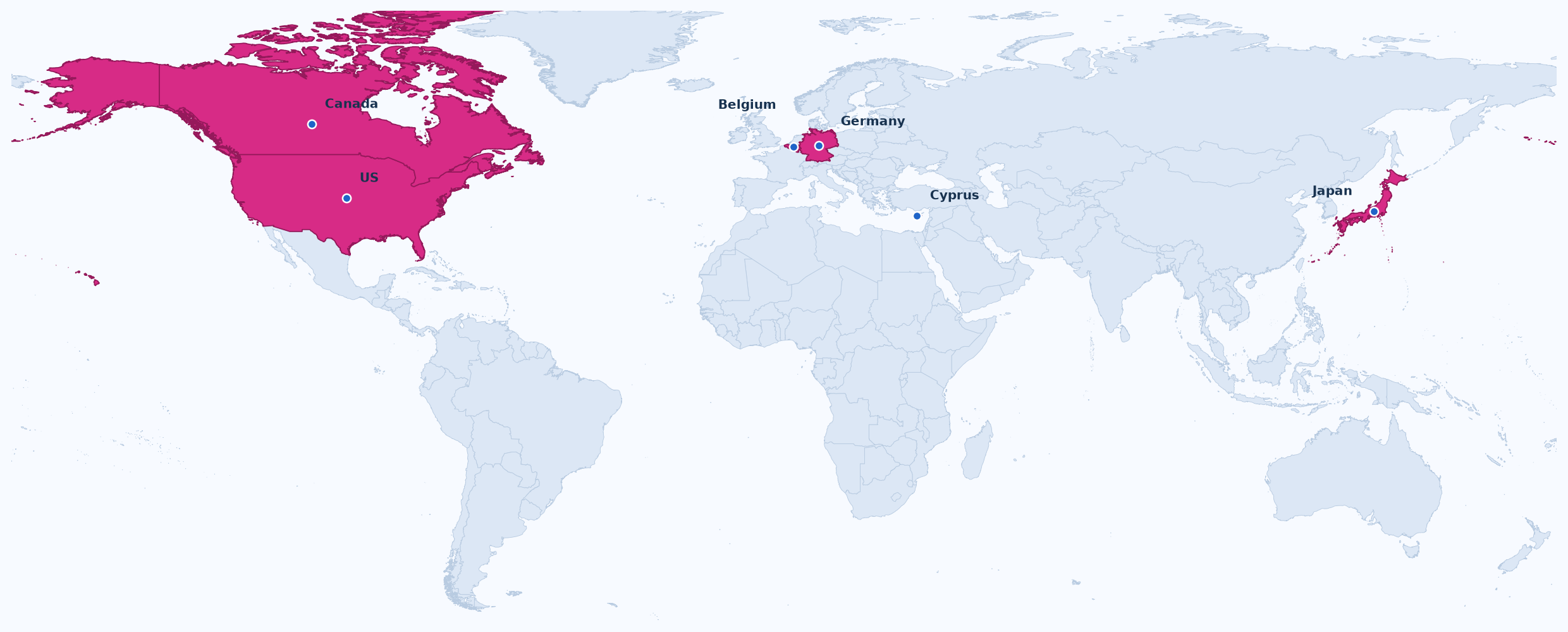 World map highlighting client locations in the United States, Canada, Germany, Belgium, Japan, and Cyprus